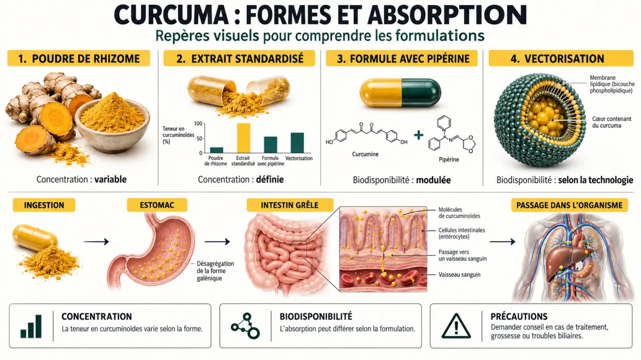 Curcuma complément alimentaire : comparaison des formes, de la biodisponibilité et de la pipérine