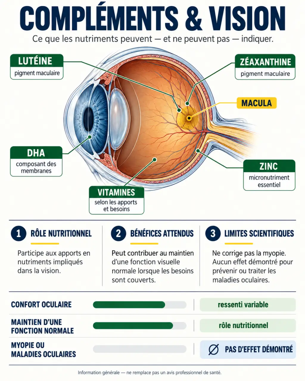 Complément alimentaire vision : rôle de la lutéine, de la zéaxanthine et du DHA et limites des bénéfices