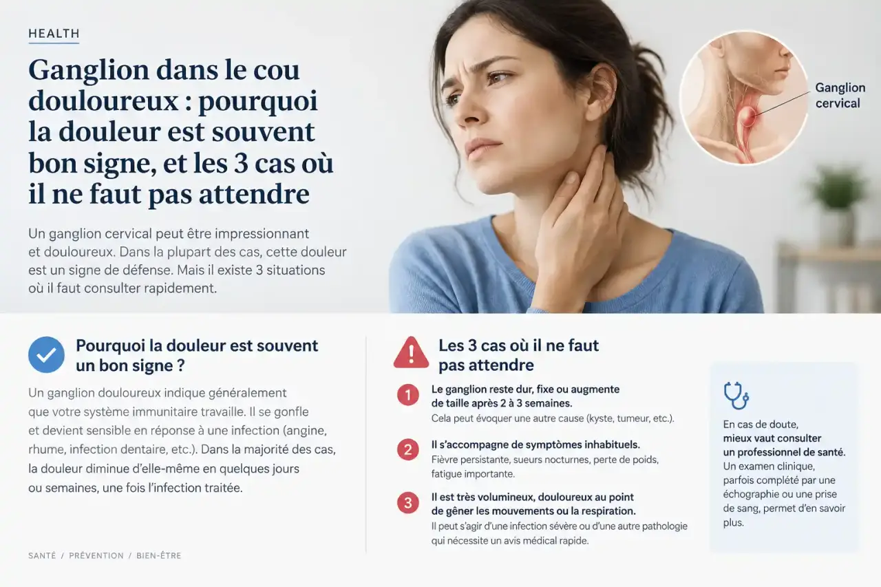 Ganglion dans le cou douloureux : pourquoi la douleur est souvent bon signe, et les 3 cas où il ne faut pas attendre