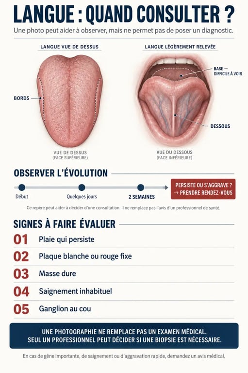 Symptôme cancer langue photo : schéma des signes d’alerte et du seuil de deux semaines