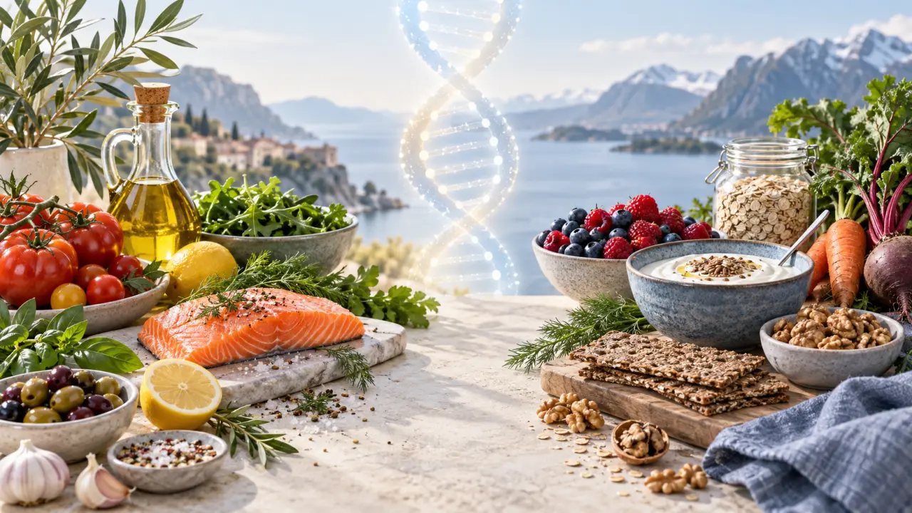 Assortiment d'aliments méditerranéens et nordiques favorables à une alimentation équilibrée