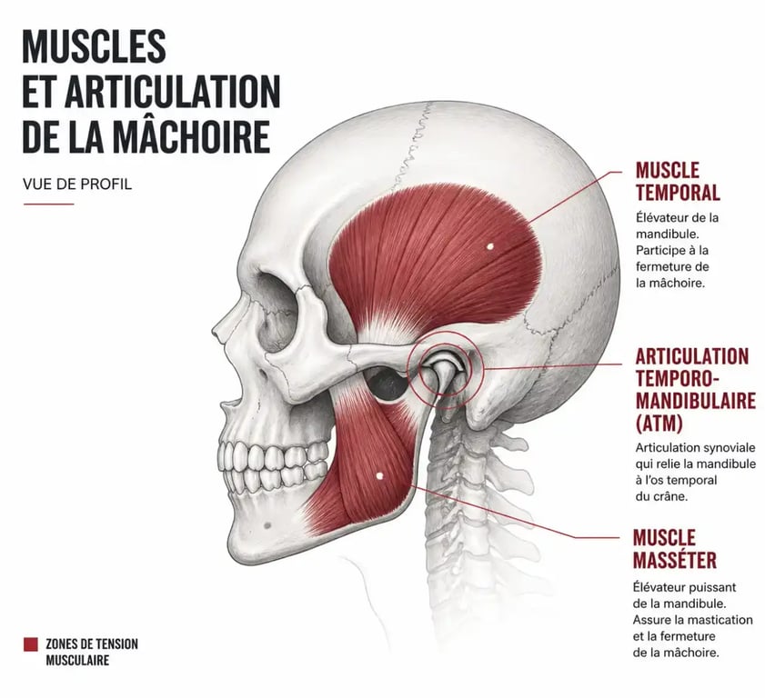 Schéma anatomique du mécanisme douleur mâchoire stress montrant masséters, temporaux et articulation temporo-mandibulaire