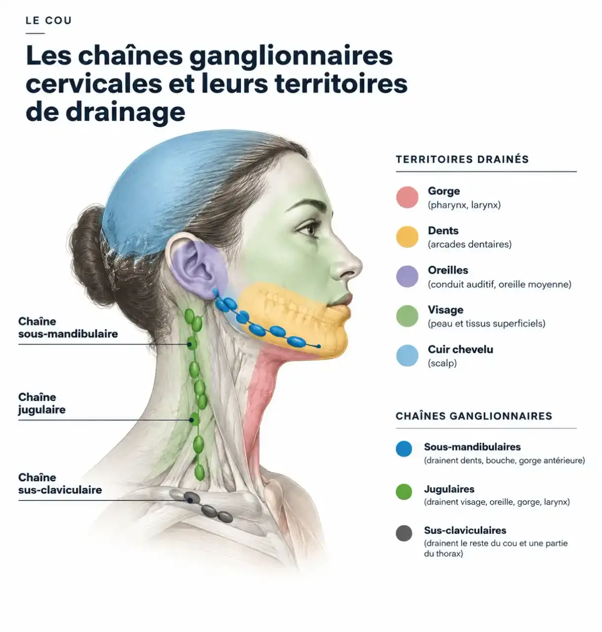 Schéma des chaînes ganglionnaires du cou et des zones drainées pour comprendre un ganglion dans le cou douloureux