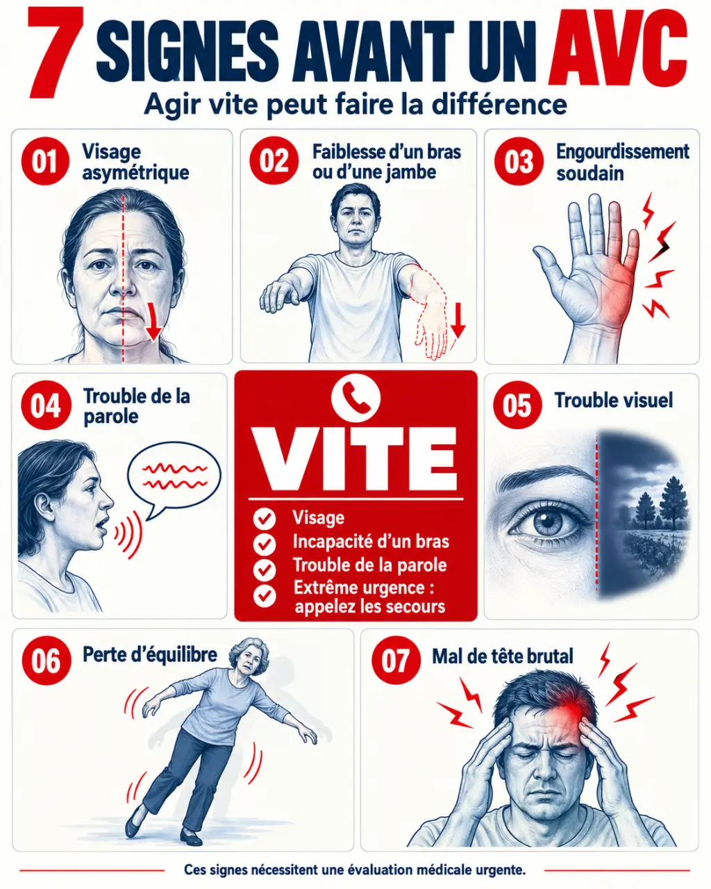 Visuel pédagogique des 7 signes avant AVC et du repère VITE