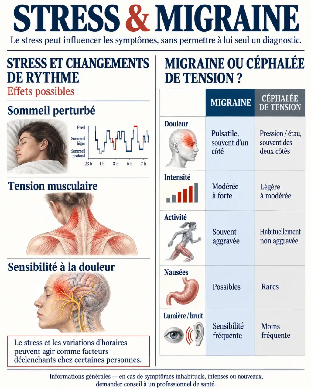 Visuel pédagogique sur le stress migraine et la différence entre migraine et céphalée de tension