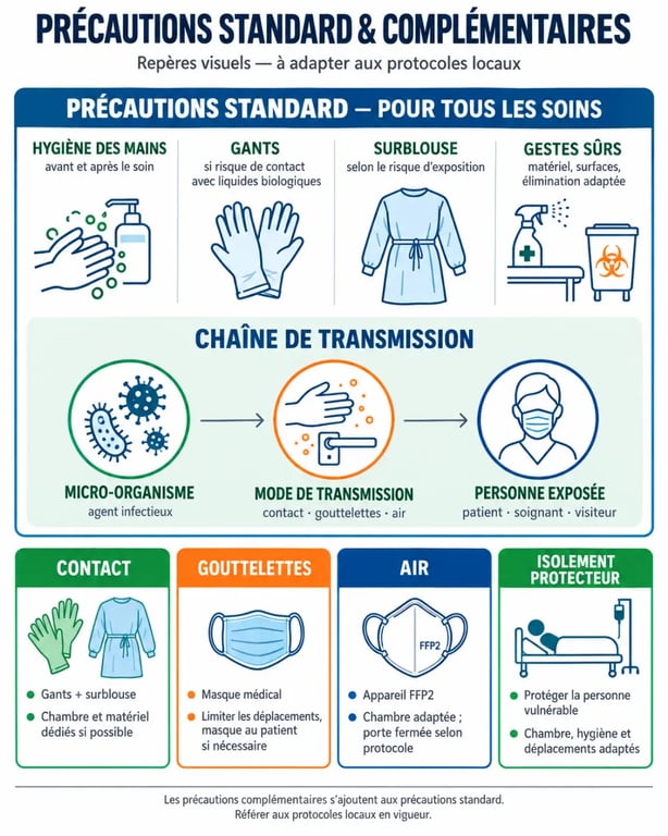 Infographie sur les précautions standard et complémentaires selon les modes de transmission