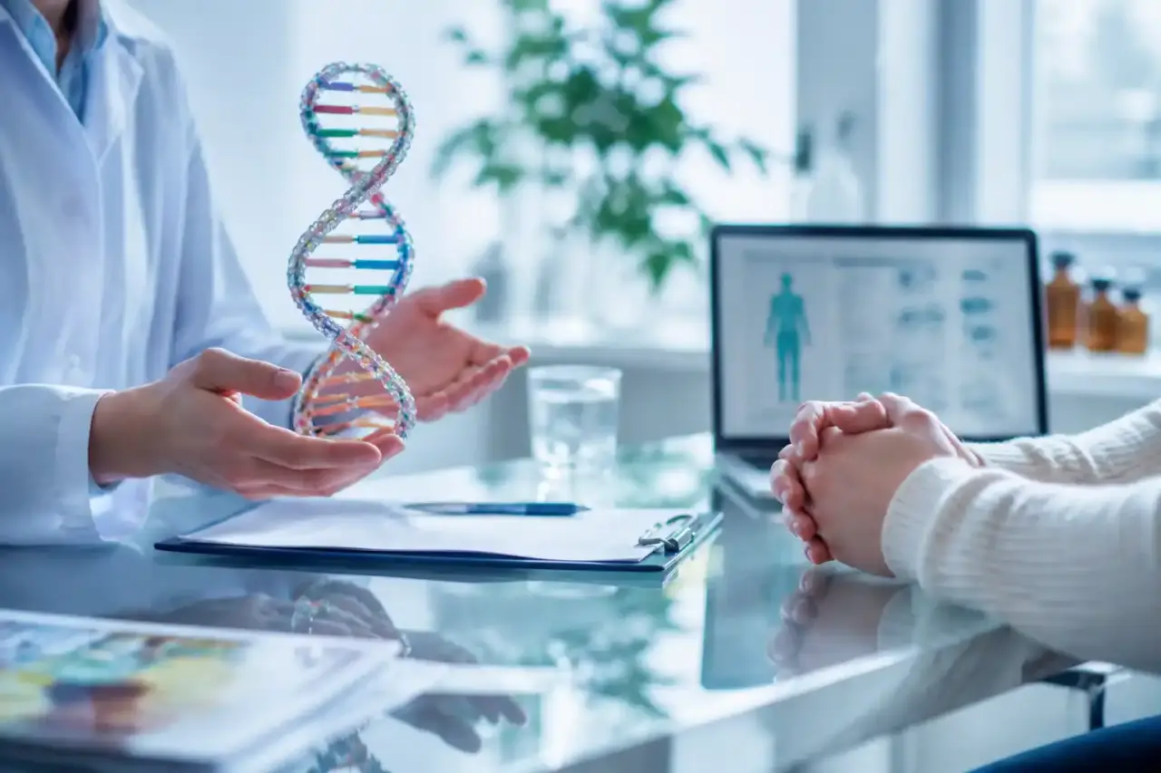 Double hélice d’ADN stylisée au-dessus d’une main humaine dans un environnement clinique lumineux