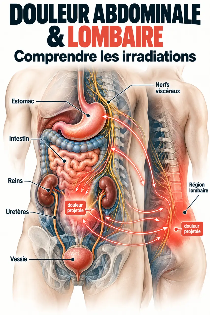 Schéma expliquant le lien possible entre brûlure intestinale et mal de dos par la douleur projetée