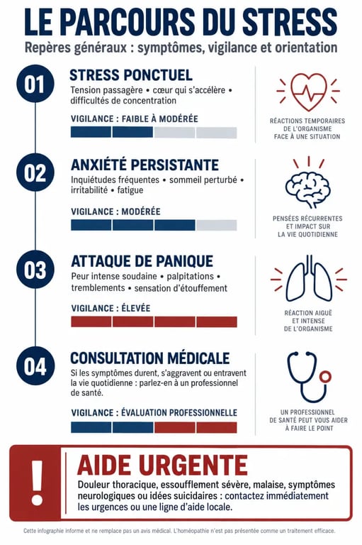 Infographie sur le stress par homéopathie, l’anxiété, la crise de panique et les situations nécessitant une consultation