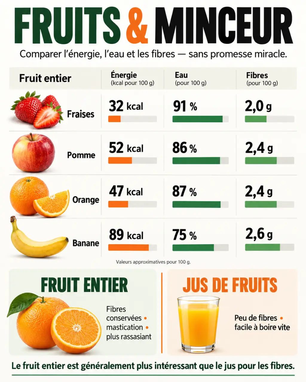 Visuel comparatif fruit maigrir : calories, fibres, eau et différence entre fruit entier et jus