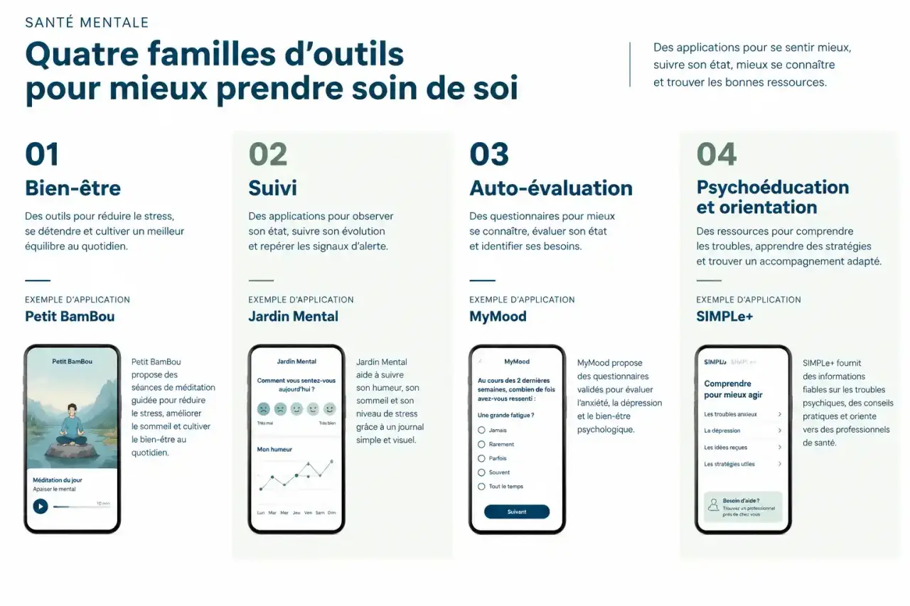 Schéma des quatre familles d'application santé mentale : bien-être, suivi, auto-évaluation et psychoéducation