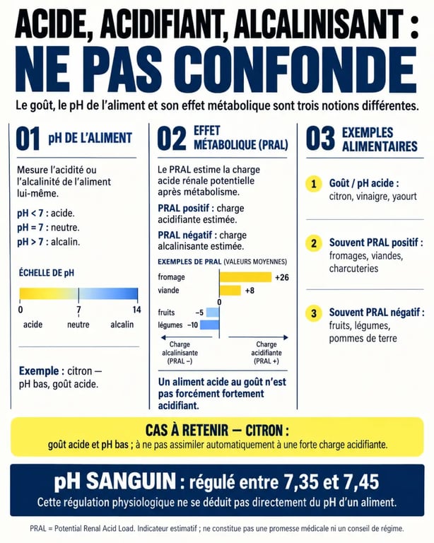 Infographie sur les aliments acides, acidifiants et alcalinisants avec le rôle du pH et du PRAL