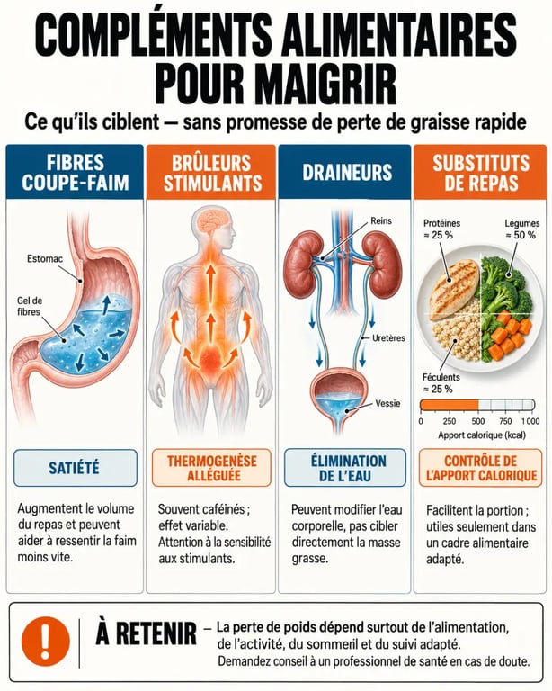 Complément alimentaire pour maigrir le plus efficace : comparaison entre coupe-faim, brûleur, draineur et substitut de repas